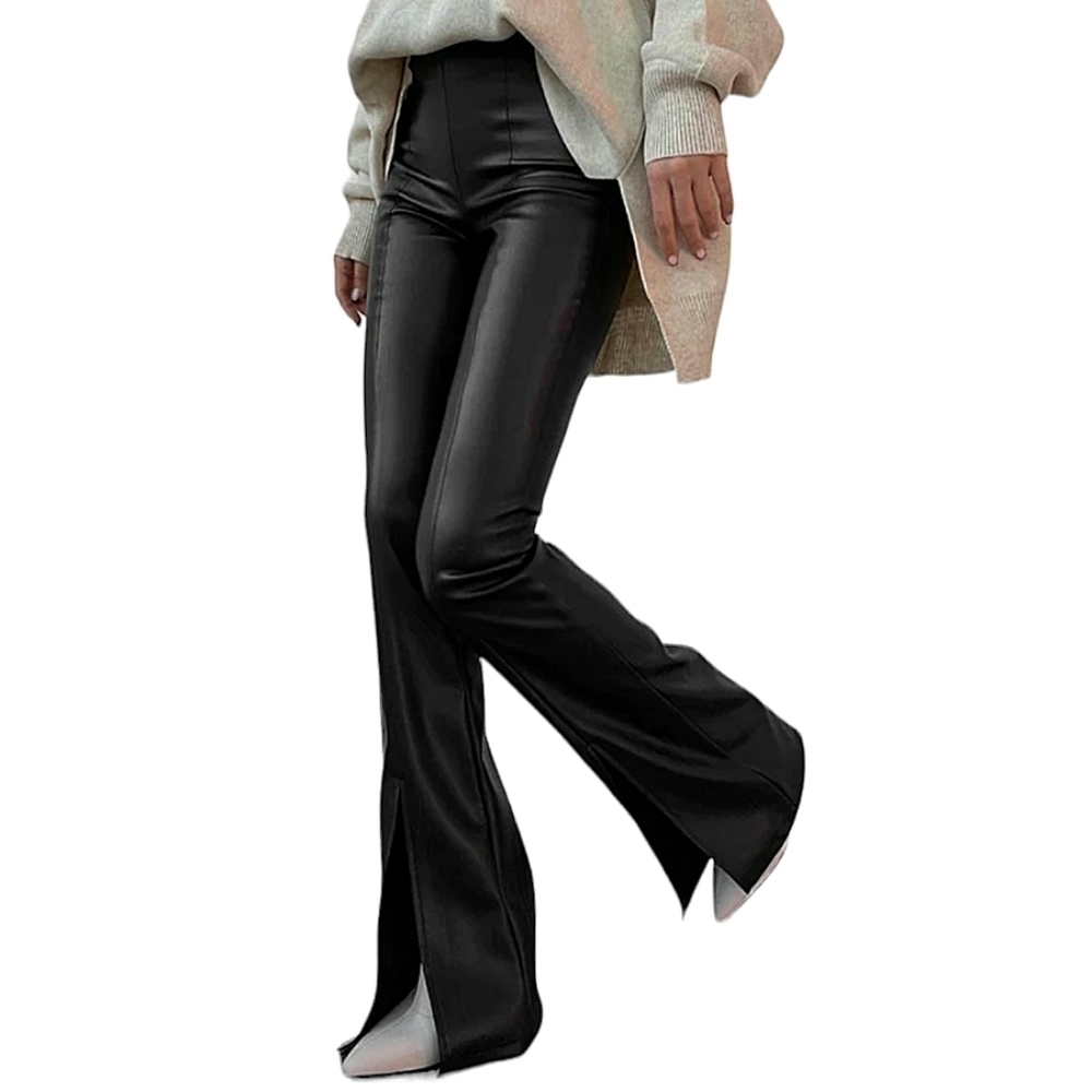 SOLD - NWT Commense Black Faux Leather High Waist Split Hem Stretchy Flare Pants